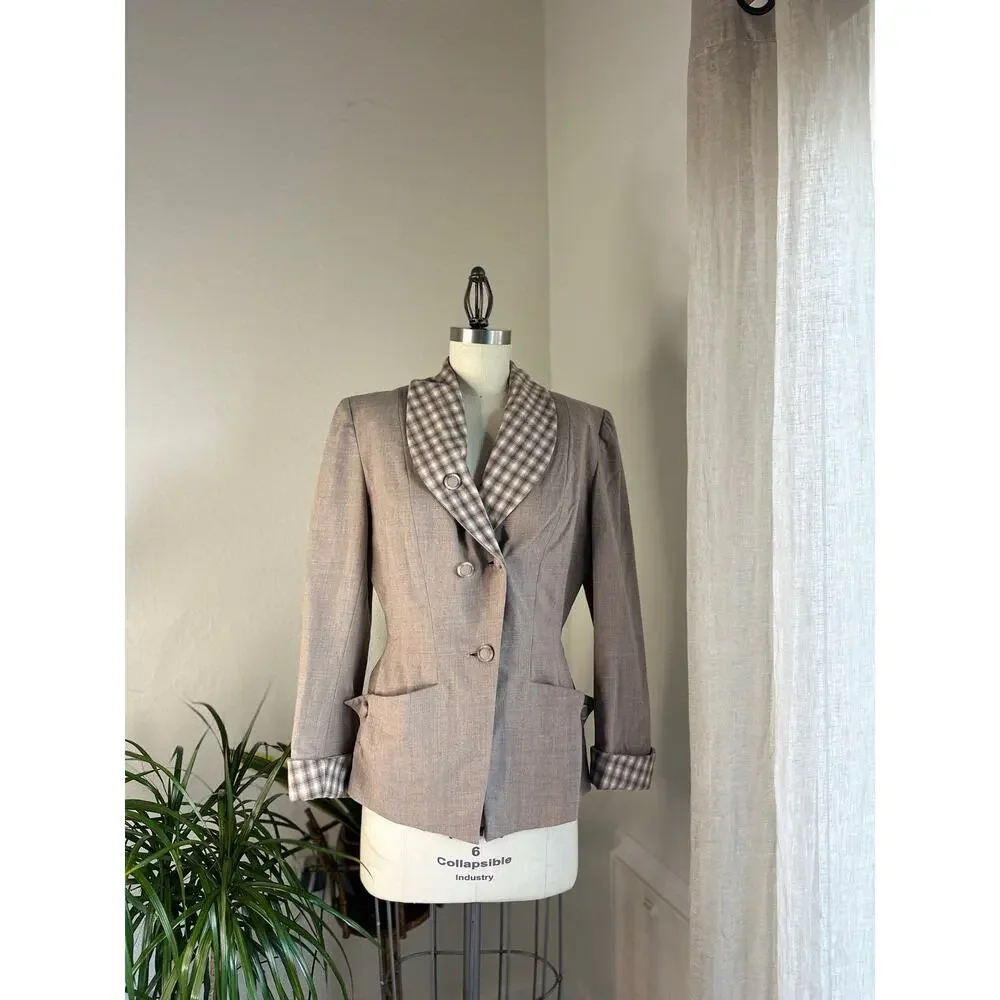 Walther Women's M Blazer Taupe Wool Gingham Collar Retro Button Front Vintage